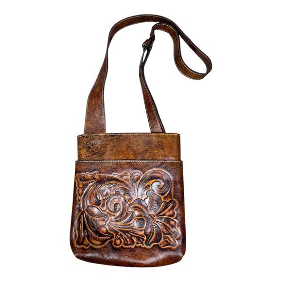 Patricia Nash Floral Tooled Embossed Leather Crossbody Bag Brown Distressed Boho - Picture 1 of 8